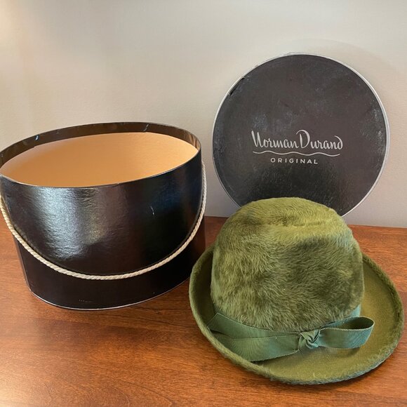Gorgeous Vintage Norman Durand Olive Green Hat with Original Hat Box - Picture 1 of 7